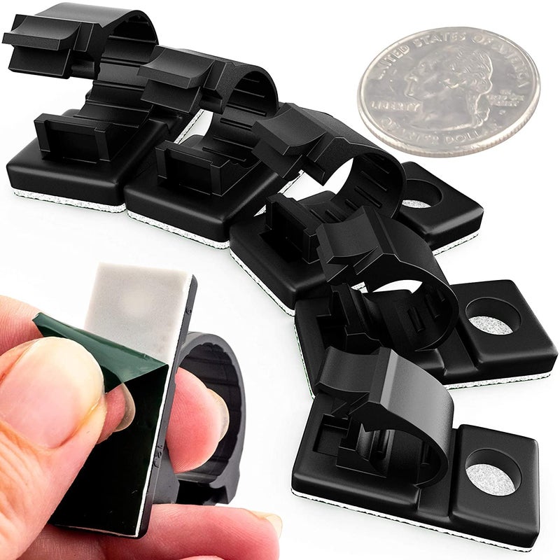 PHYXOLOGY SUPPLY - Pro-Grade, Adhesive-Backed Cable Clamps. Multi-Size Set of 20x 4, 6, 8, 10 and 12 mm Black Clips - Wire Management, Cord Organization - Home and Office Tools-Free Install (100 Pk) - Image 1